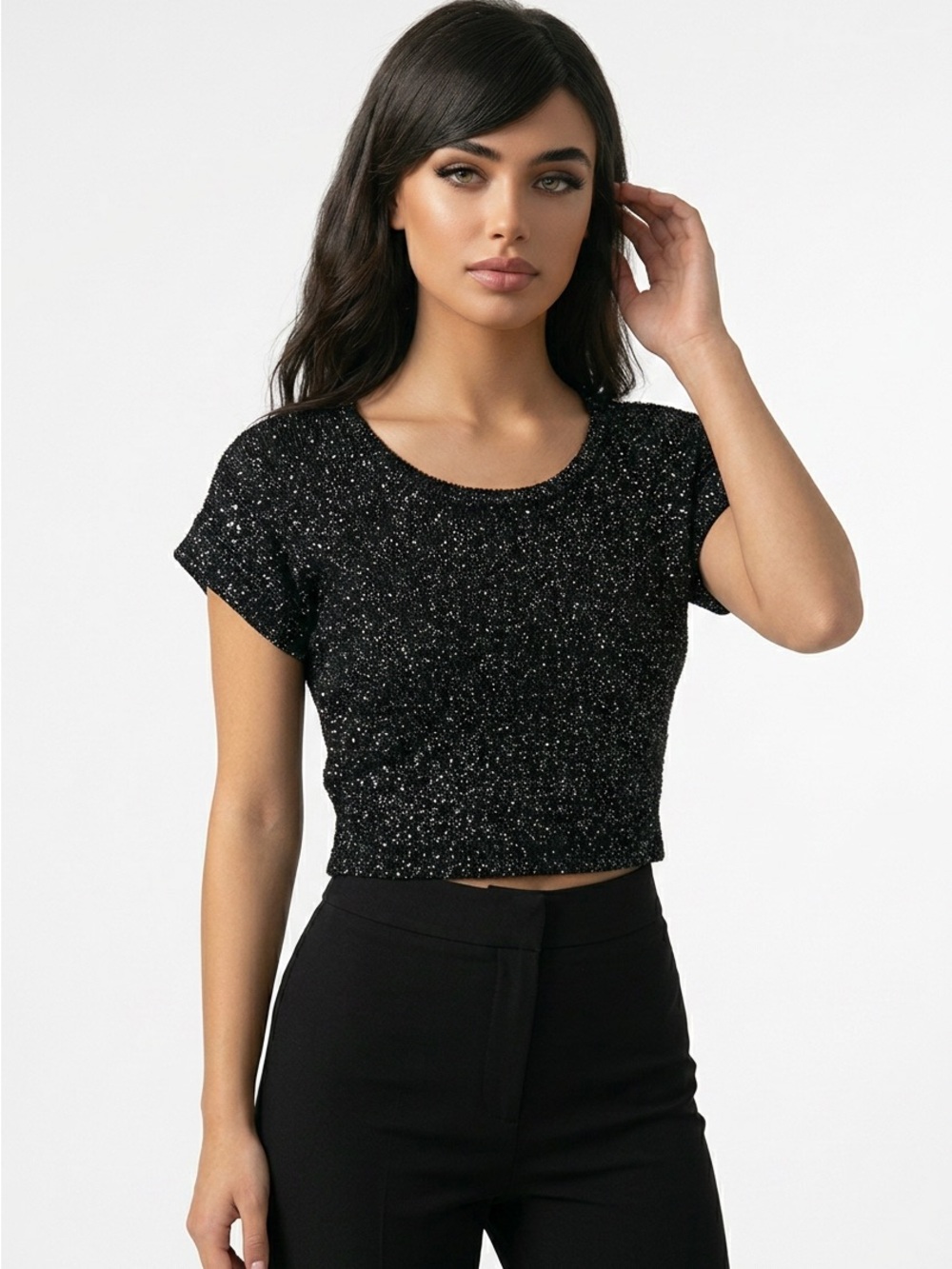H by Halston Womens Black Sequin‎ Knit Short Sleeve Scoop Neck Top Size M